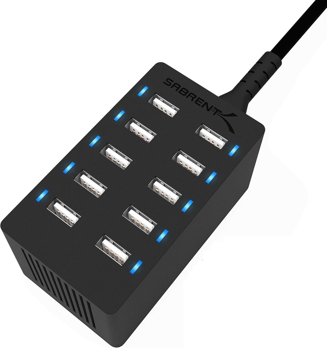 SABRENT USB Ladegerät, 60Watt 10ports USB-Schnellladegerät Ladestation Mehrfach, mit Netzteil, Lades