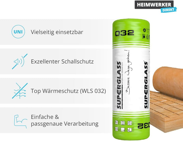 Superglass Klemmfilz KF 4 WLG032 – 3300 mm x 1250 mm x 120 mm (4,12 m²) | Profi-Qualität - Glaswolle