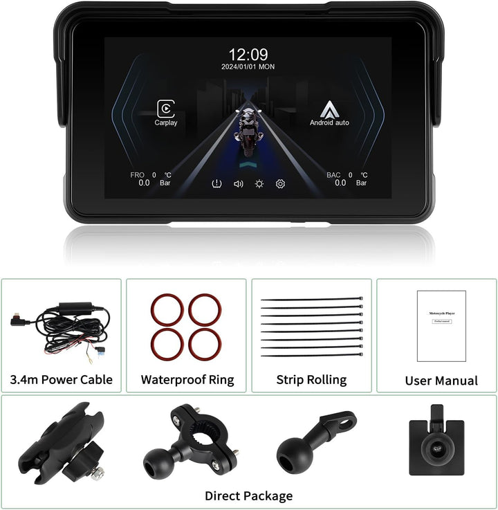 SIXTOP Motorrad-GPS-CarPlay-Bildschirm mit kabellosem CarPlay und Android Auto, tragbar, wasserdicht