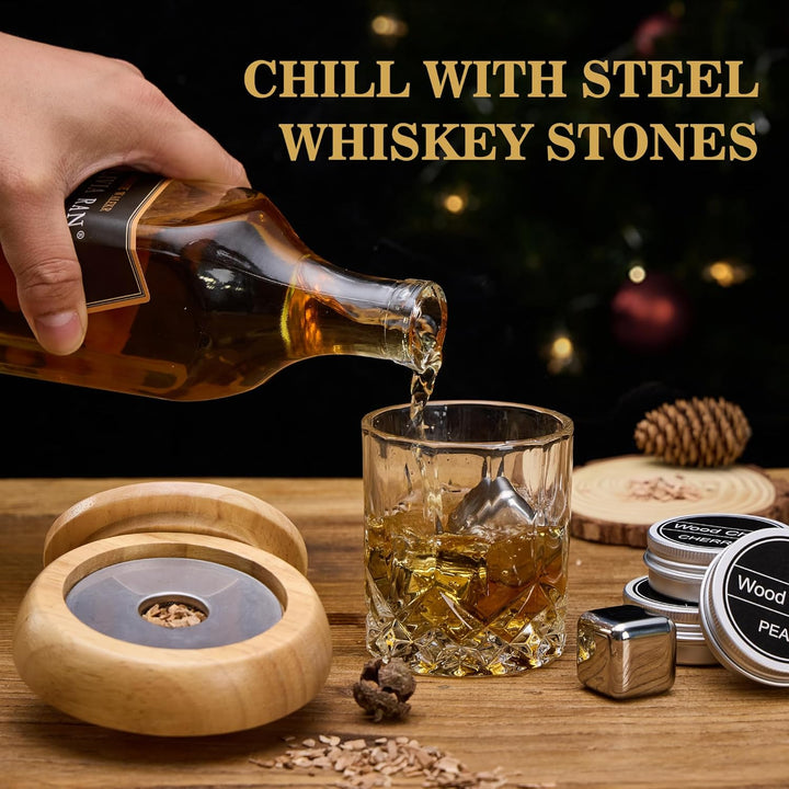 Cocktail Smoker Set – Whisky Räucher-Set mit 6 Holzchips, 4 Edelstahl-Whisky-Steinen & Verbesserter