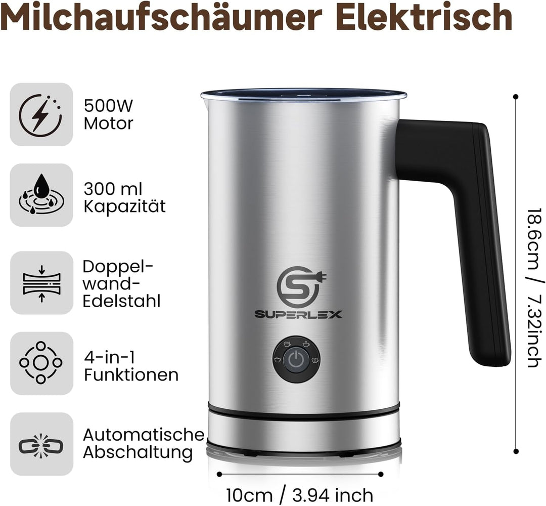 Milchaufschäumer Elektrisch 4-in-1 Edelstahl Milchwärmer 300ml | Doppelwand-Design, Heisser und kalt