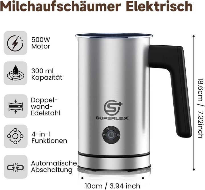 Milchaufschäumer Elektrisch 4-in-1 Edelstahl Milchwärmer 300ml | Doppelwand-Design, Heisser und kalt