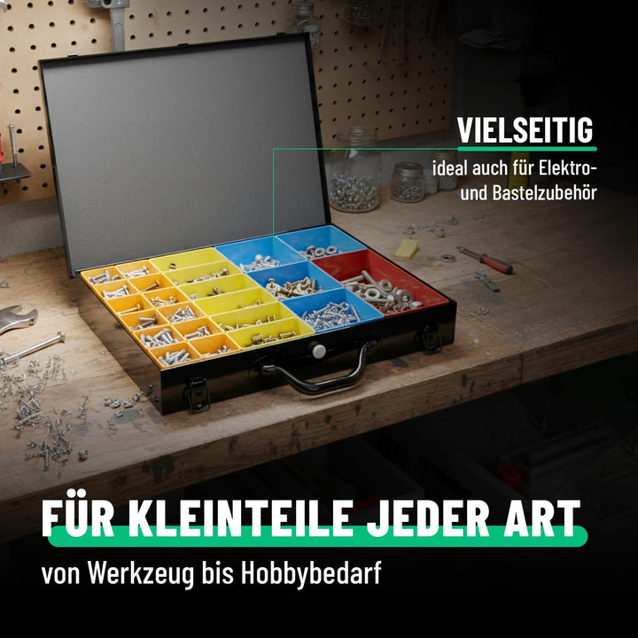 greate Sortimentskasten Metall mit 23 herausnehmbaren Behältern - Kleinteilekoffer leer - Sortiments
