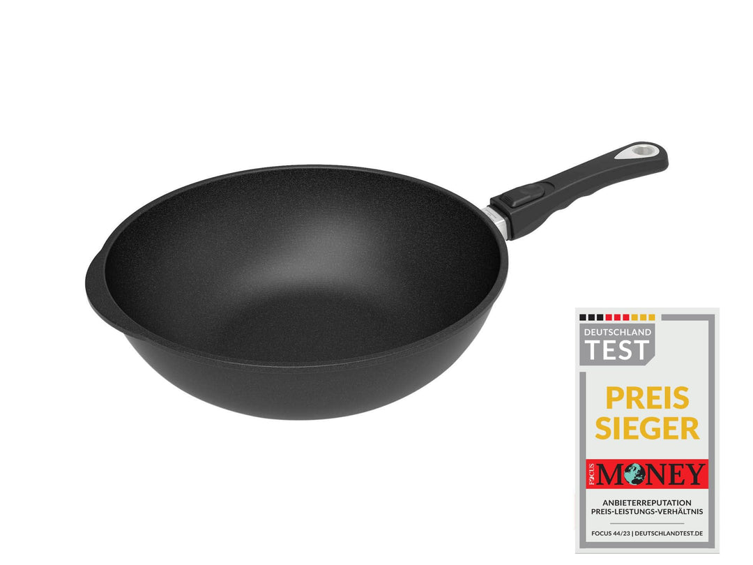 AMT Gastroguss Wok 32 cm Ø, 10 cm hoch, Wokpfanne, nicht induktionsgeeignet, abnehmbarer Stiel, Lota