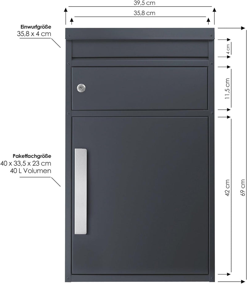 Paket-Briefkasten anthrazit-grau (RAL 7016) SafePost 45M Design-Paketkasten modern für alle Paketdie