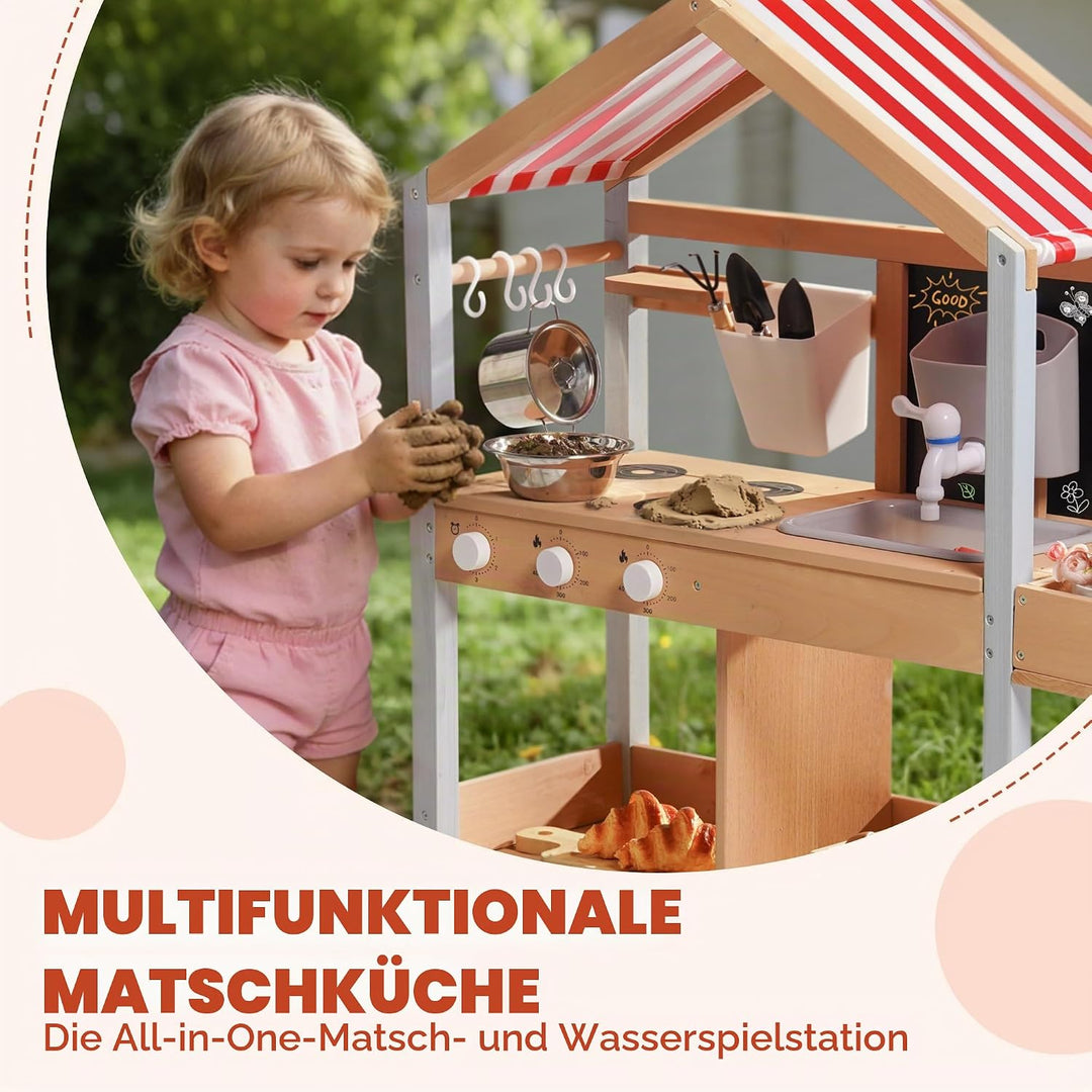 ROBOTIME Mud Kitchen Outdoor Spielset für Kinder, Spielküche mit abnehmbarem Pflanzkasten, Spüle, He