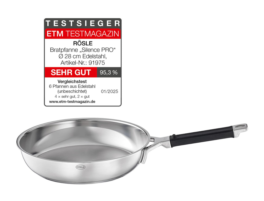 RÖSLE SILENCE PRO Bratpfanne, Hochwertige Pfanne aus Edelstahl mit Silikongriff, 28 cm, Edelstahl 18
