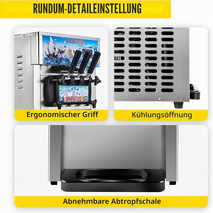 Kommerzielle Eiscreme-Maschine, 18L/H, 1200W, 3 Geschmacksrichtungen, italienische Eismaschine, Tric