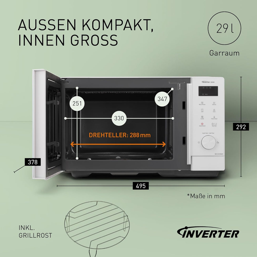 Panasonic NN-GD34QWEPG 29L Grill-Mikrowelle, 1000 W, automatisches Auftauen, Kombinationsgaren, Time