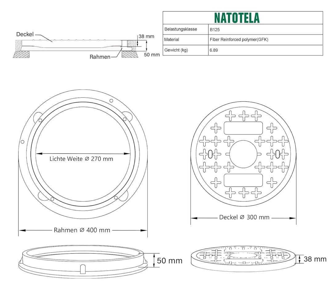 GFK-Schachtabdeckung mit Rahmen Rund Ø 400 mm NW270 DN270 Schachtdeckel Kanaldeckel Revisionsschacht