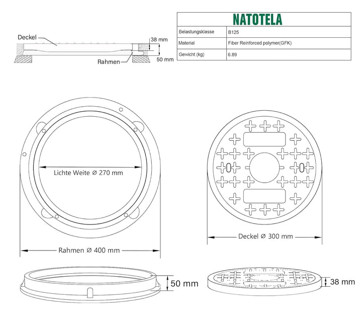 GFK-Schachtabdeckung mit Rahmen Rund Ø 400 mm NW270 DN270 Schachtdeckel Kanaldeckel Revisionsschacht