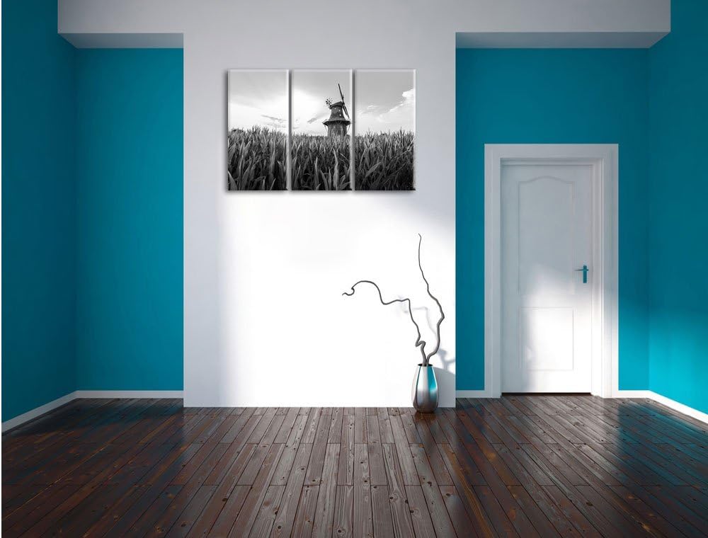 Pixxprint Windmühle auf dem Feld / 3-Teilig/Gesamtmass 120cm Leinwandbild bespannt auf Holzrahmen/Wa