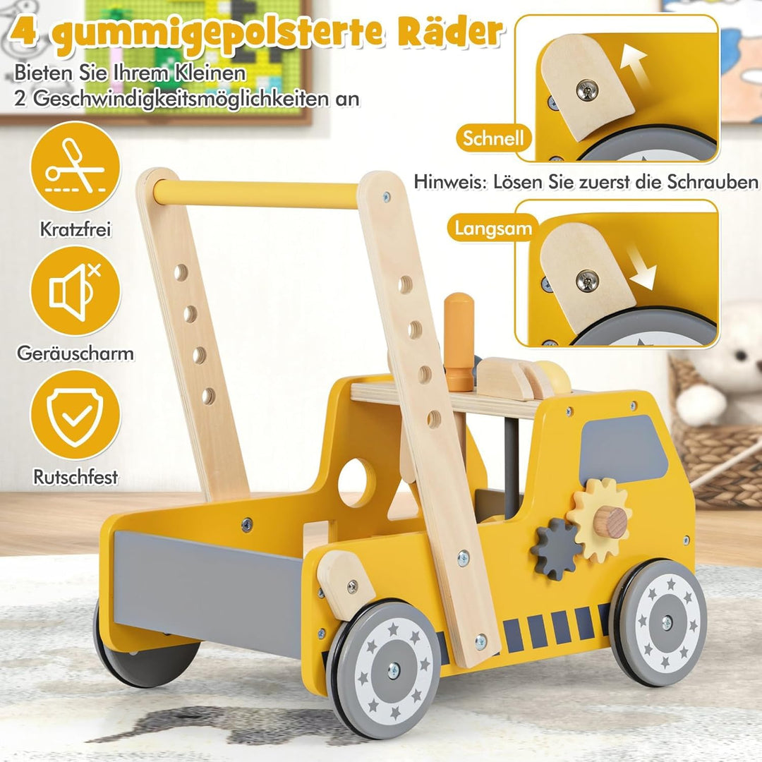 FANTASK Lauflernwagen Holz, 2-in-1 Baby Walker, Lauflernhilfe mit Multi-Aktivitätszentrum & Werkbank