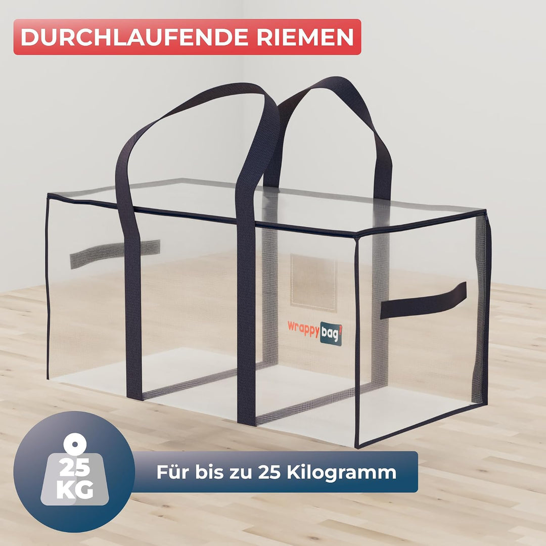 WRAPPYBAG im 4er-Pack Grosse Aufbewahrungstaschen aus transparentem Kunststoff – XXL-Tasche für Umzu