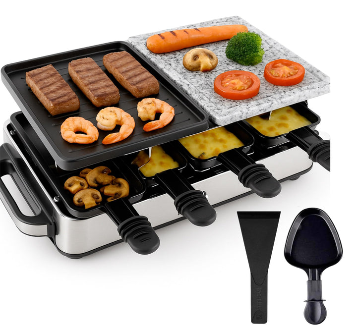 Raclette Set für 8x Personen - antihaftbeschichtet- Tischgrill inkl. Pfännchen & Schaber (Eckig), Ec