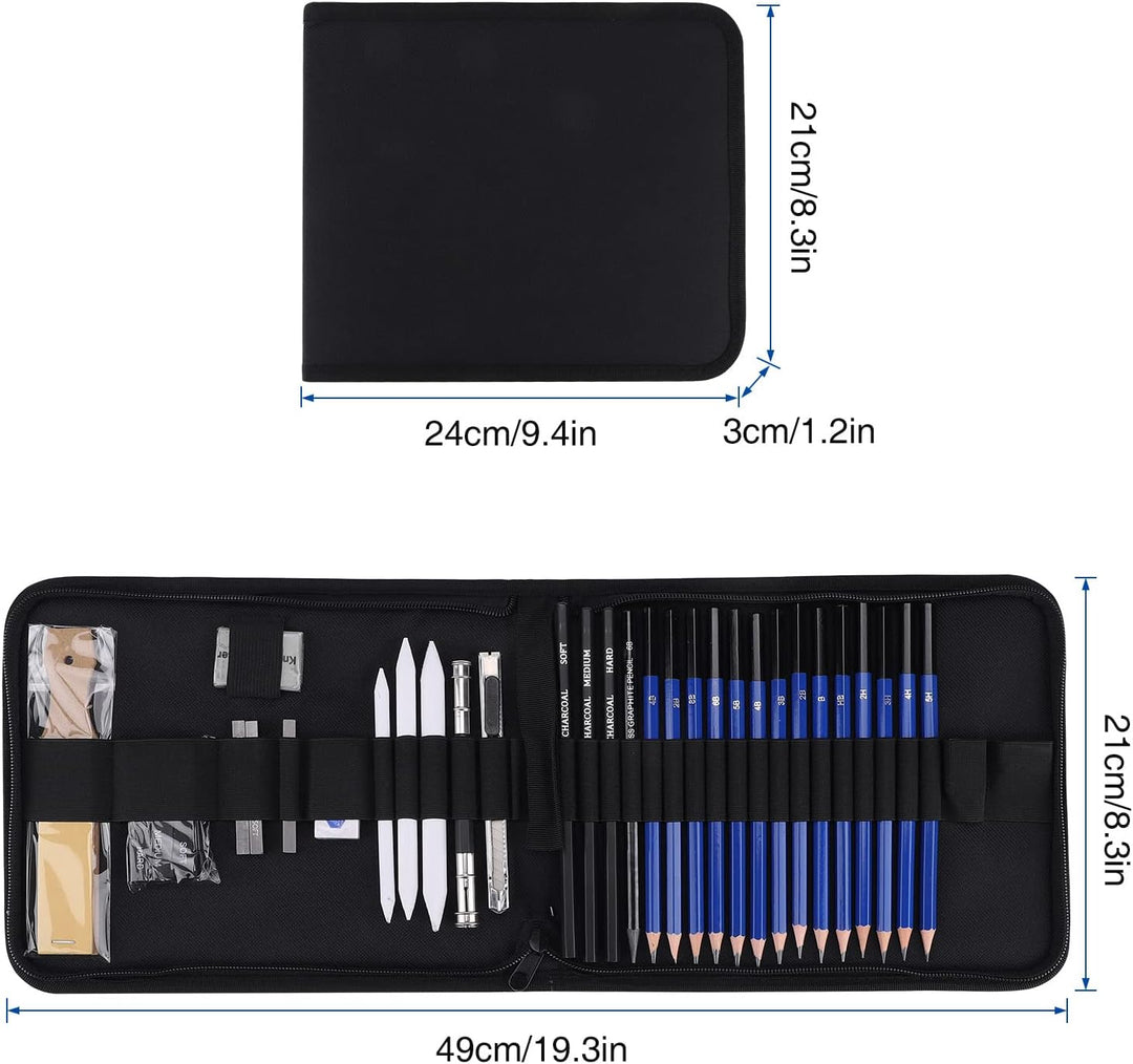 Skizzen Zeichen Bleistift Set 35 Stück Professionelles Zeichenzubehör mit Reissverschluss Tragetasch