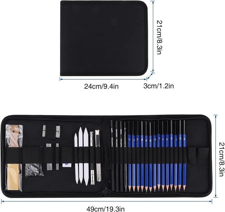 Skizzen Zeichen Bleistift Set 35 Stück Professionelles Zeichenzubehör mit Reissverschluss Tragetasch