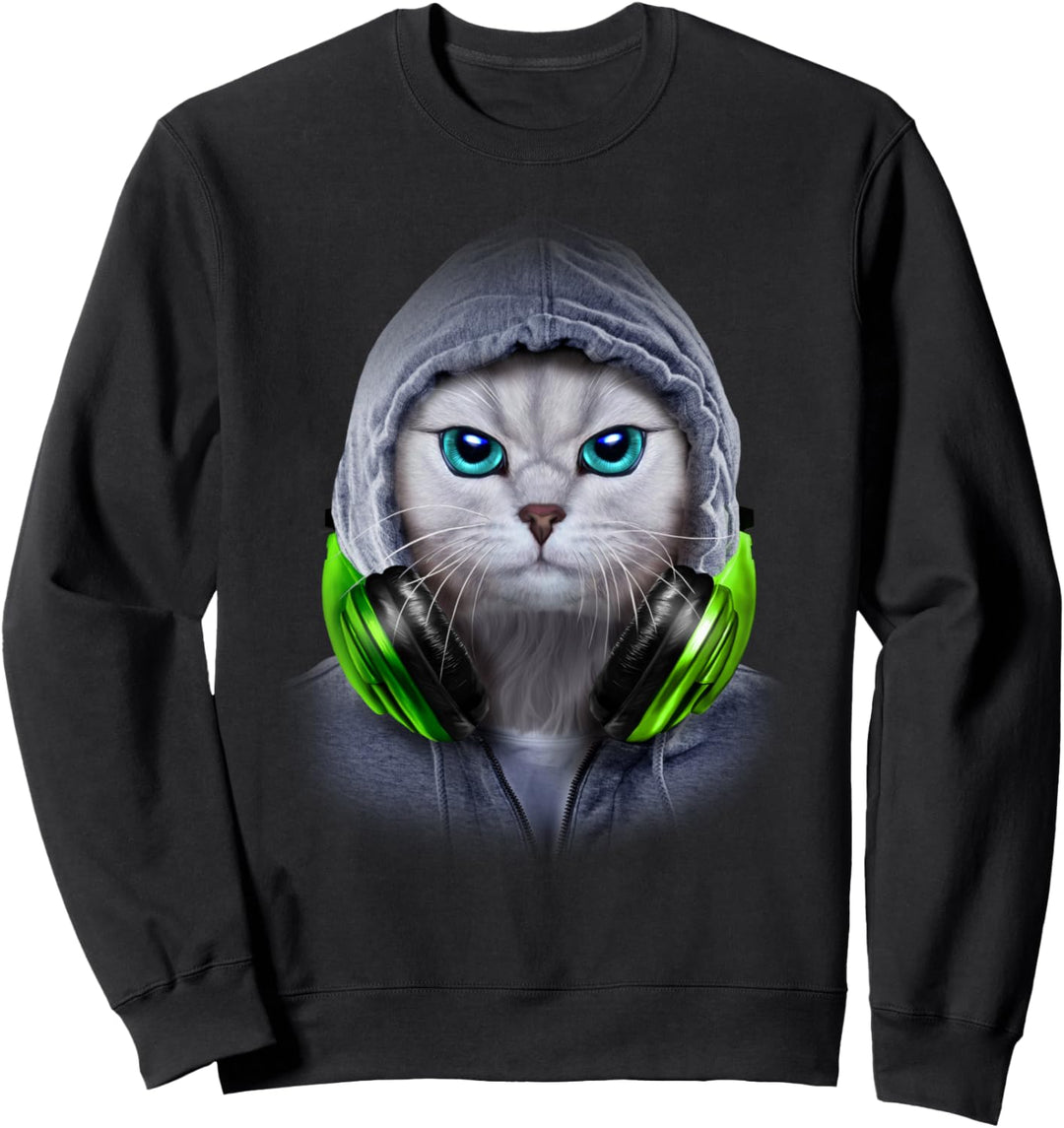 Weisse Katze in einem grauen Kapuzenpulli und Kopfhörern Sweatshirt