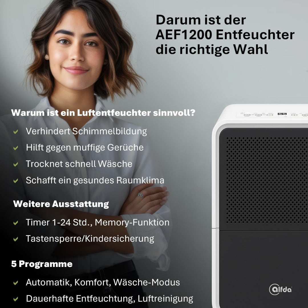 alfda AEF1200 Luftentfeuchter 12 L Tag | bis 25 m², leise & energieeffizient, Automatikprogramm, Abl