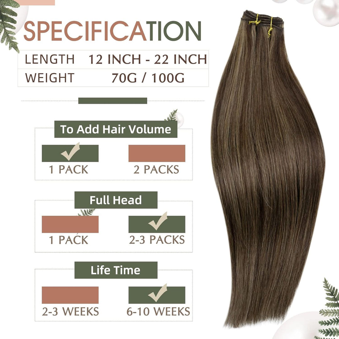 RUNATURE Extensions Echthaar Tressen Zum Einnähen Braun 35cm Haarverlängerung Glatt Weft Echte Haare