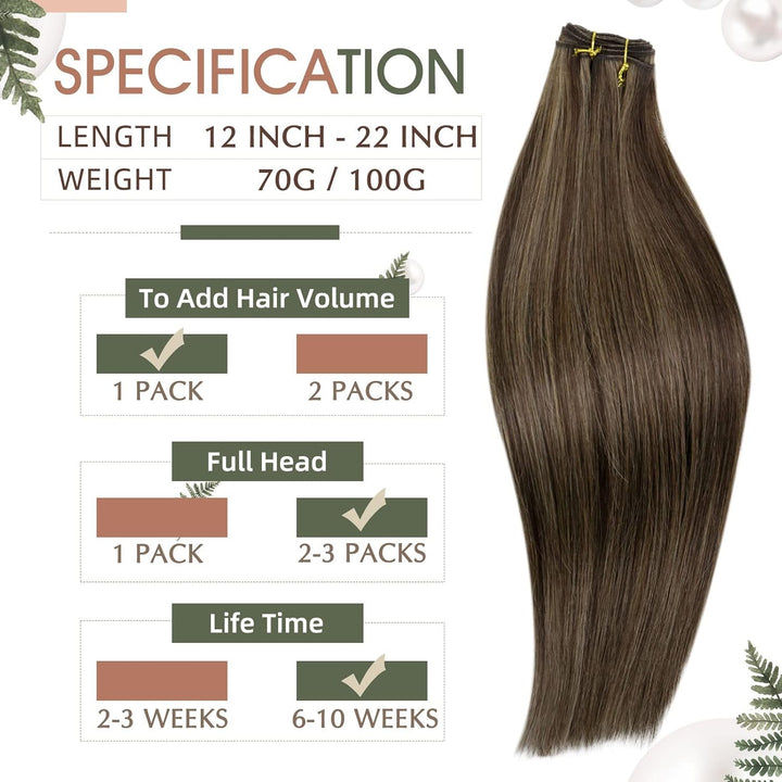 RUNATURE Extensions Echthaar Tressen Zum Einnähen Braun 35cm Haarverlängerung Glatt Weft Echte Haare
