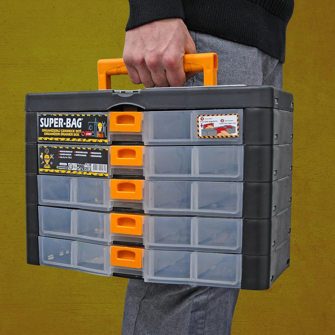 Werkzeugkoffer Kleinteile Organizer 5 Schubladen 390x190x260mm Sortierkasten 26 Innenfächer verstell