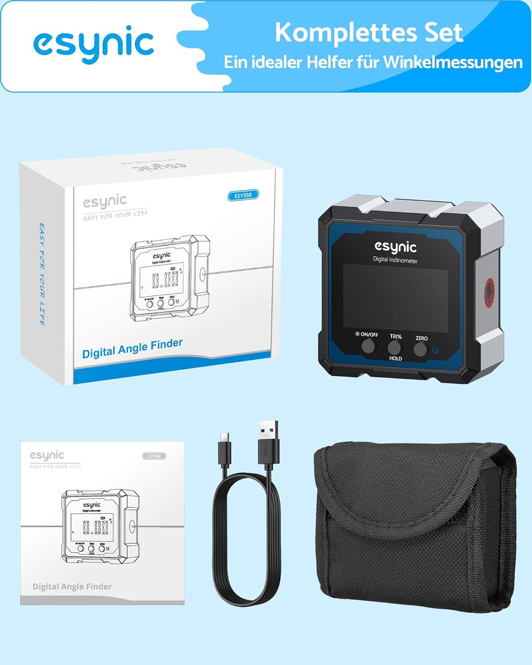 eSynic Digitale Winkelmesser Wasserwaage mit Laser Neigungsmesser 4×90° ±0,1°mit LCD-VA Display Vier