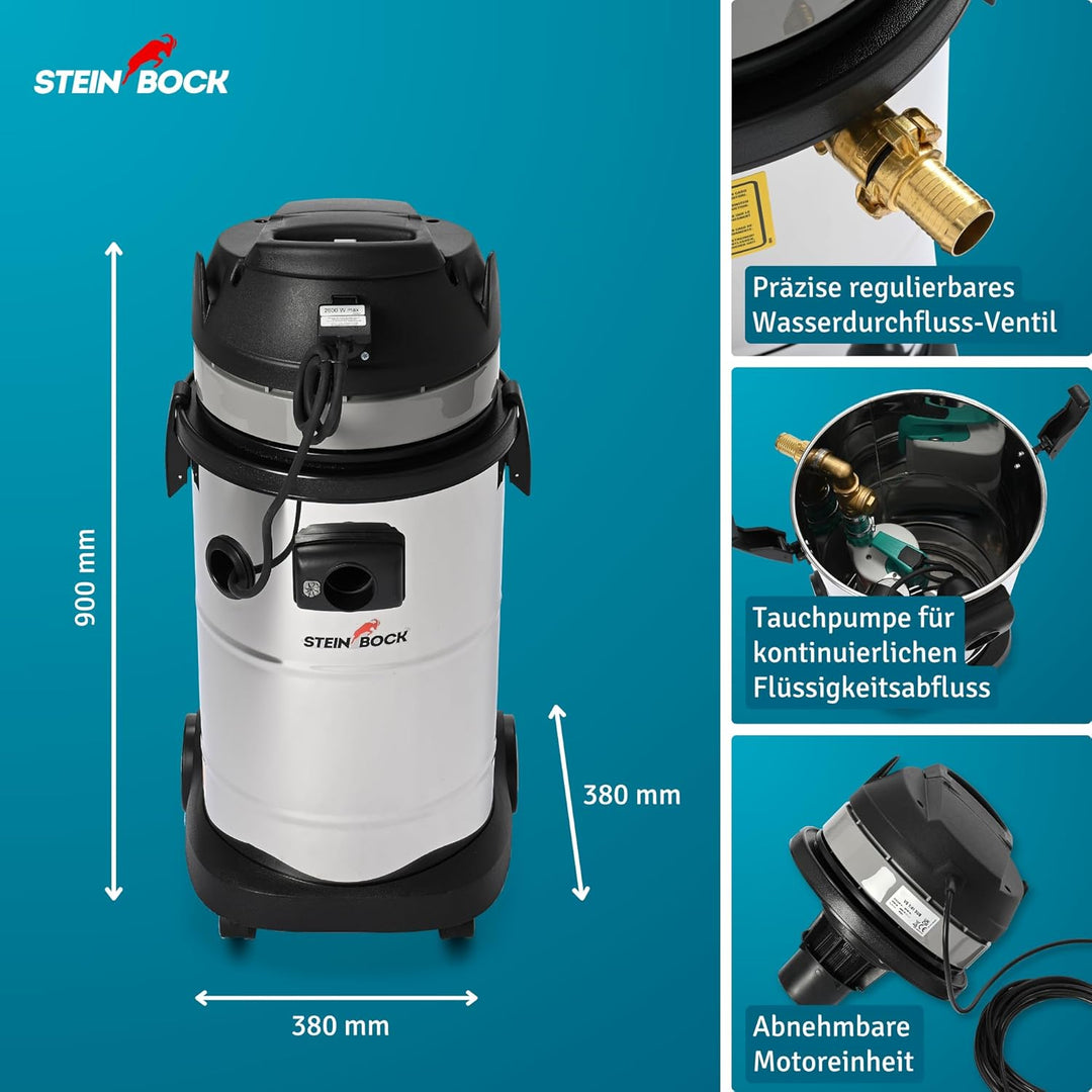 Steinbock Pumpsauger | 1.200 Watt | 41 l Edelstahlbehälter | Nasssauger mit integrierter Tauchpumpe