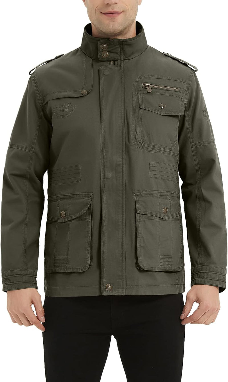 MERCIYD Herren Übergangsjacke Cargo Jacke Männer Stehkragen Baumwolle Jacke Multi Taschen Armeejacke