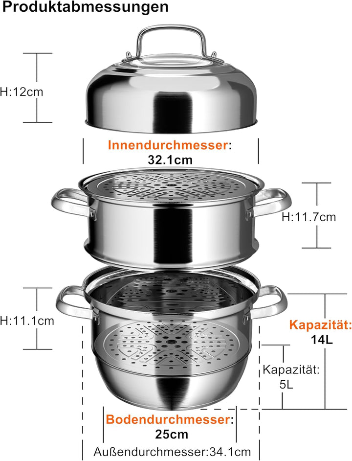 Dampfgarer Topf Induktion VENTION, Dampfkocher 34 cm, Dampftopf Gross
