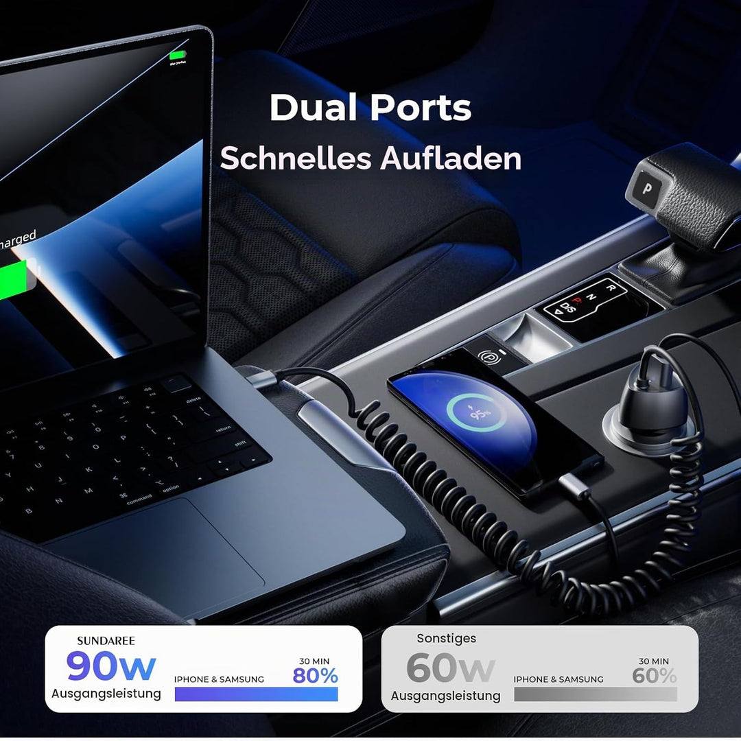 SUNDAREE Auto Ladegerät USB C Kabel,90W 12V 24V Kfz Handyladegeräte PD Typ C Schnellladen 1.8M Spira
