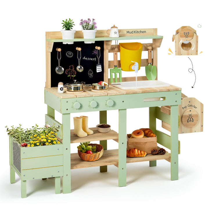 Labebe Matschküche Kinder Outdoor, 3-in-1 Matschküche mit Pflanzkasten und Insekten-Beobachtungsbox,