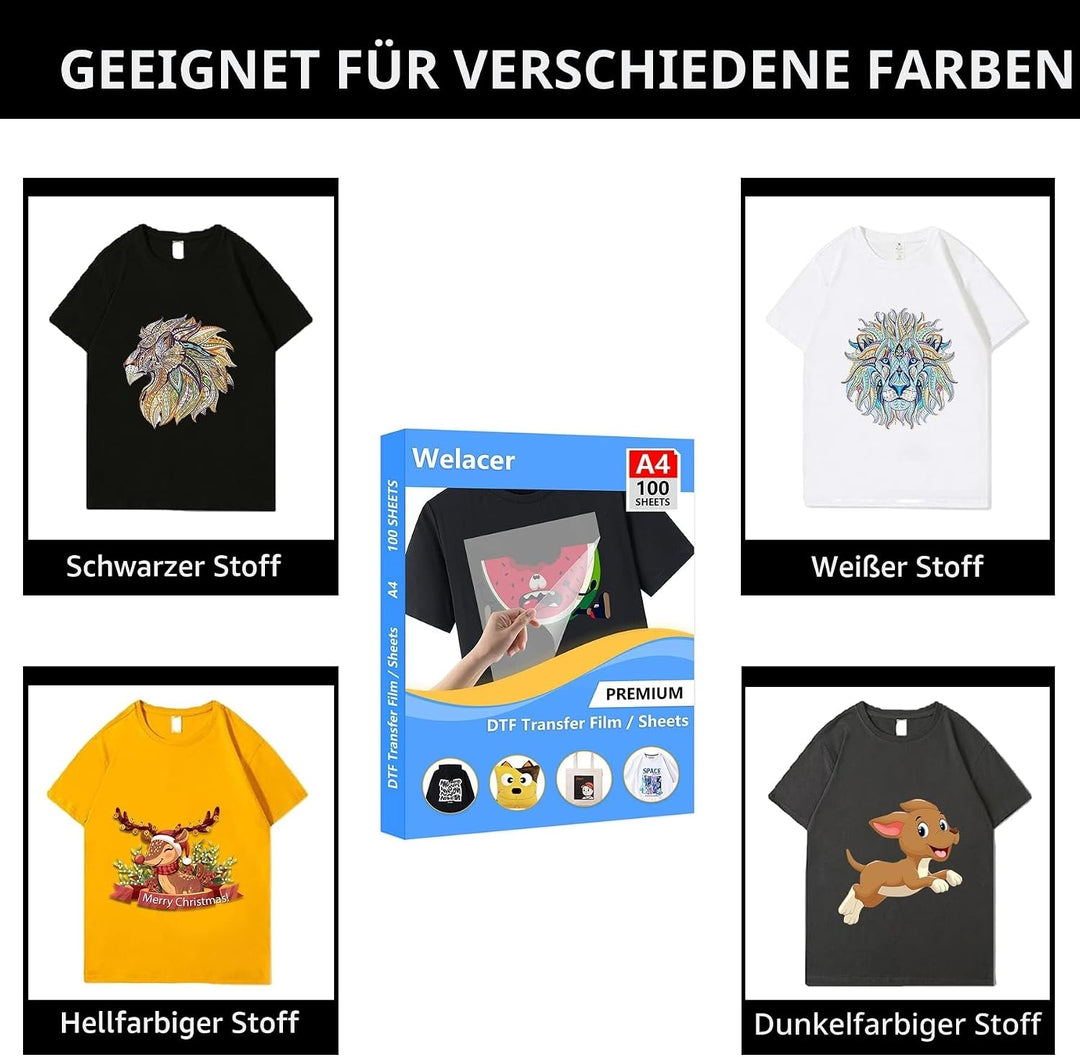 Welacer DTF Transferfolie Papier A4 (21cm x 29.7cm) 100 Blatt DTF Transfer Drucker für T-Shirt, klar
