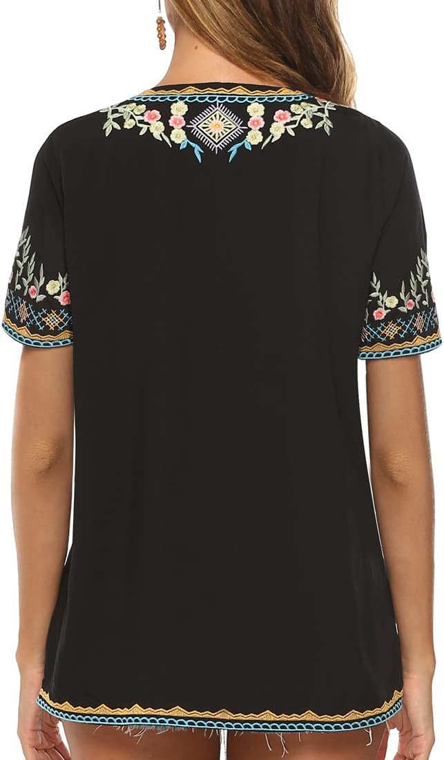 Seasonal Tunika Damen Sommer Boho Folklore Bluse mit Stickerei Oberteil Hippie Trachten Kurzarm Klei