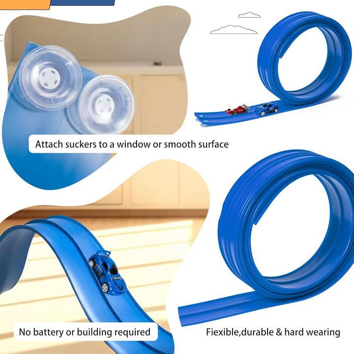 GROBRO7 Flexible Autorennbahn Kinder Spielzeugauto, 5M Dual Rennstrecke Rampen mit 4 Race Car, Rolls