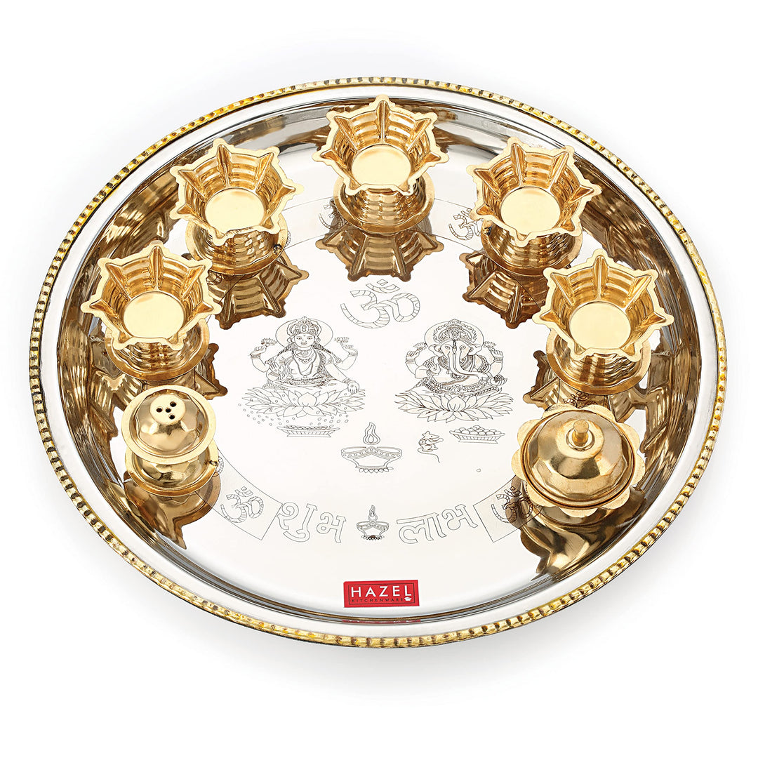 HAZEL Edelstahl Puja Pooja Aarti Thali Set 28 cm mit 5 Diva, 1 Räucherstäbchenhalter und Kumkum Wati