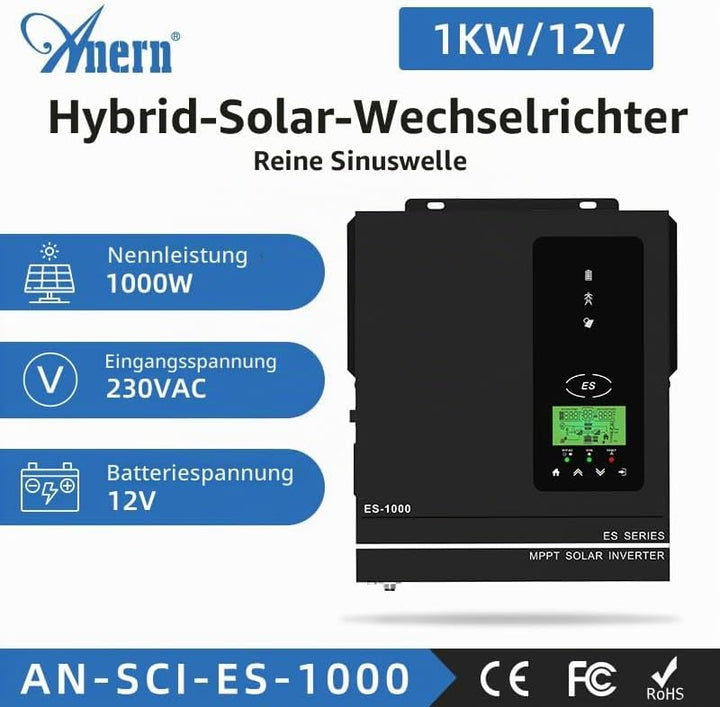 Anern 1000W Hybrid Wechselrichter Solar 12V DC auf 220V/230V AC mit 80A MPPT Solarregler Max. PV-Ein