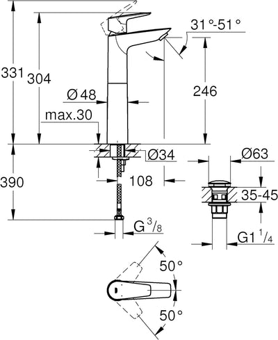 GROHE Start Edge - Einhand-Waschtischarmatur (wassersparend, XL- Size, flexible Anschlussschläuche),