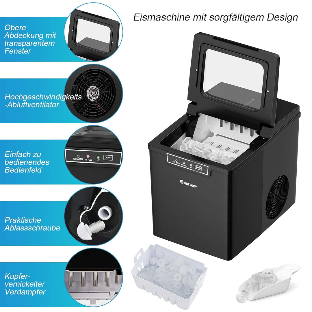 COSTWAY 1,85L Eiswürfelmaschine 12kg/24H, Ice Maker 9 Eiswürfel in 8 min, Eismaschine Eiswürfelberei