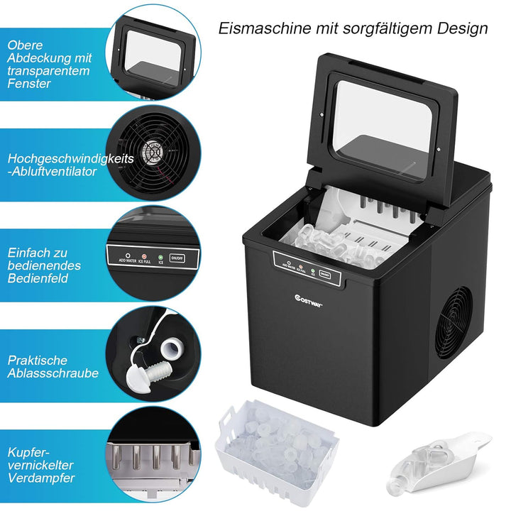 COSTWAY 1,85L Eiswürfelmaschine 12kg/24H, Ice Maker 9 Eiswürfel in 8 min, Eismaschine Eiswürfelberei