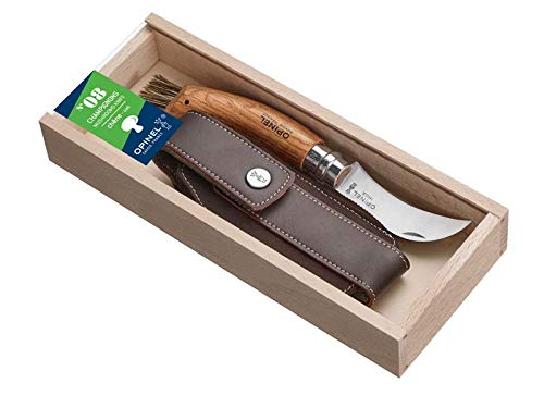 OPINEL-Pilzmesser, rostfreier Sandvik-Stahl, Eichenholz-Griff, Wildschweinborsten, Etui, Holzbox Gra