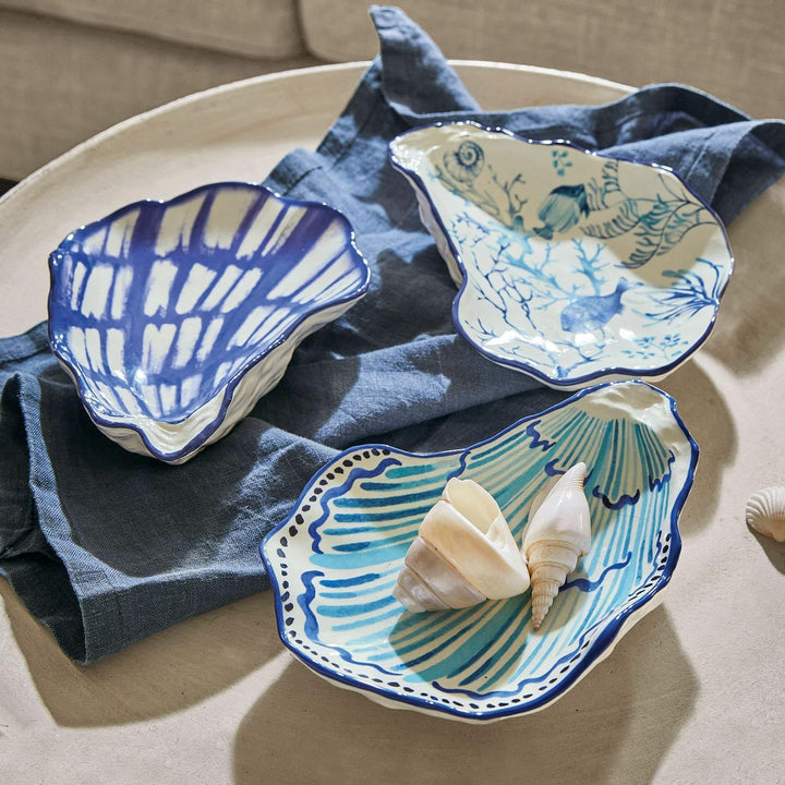 Loberon Schale 3er Set Allarmont, von Hand bemalt, maritimes Flair, Muschelstruktur auf der Untersei