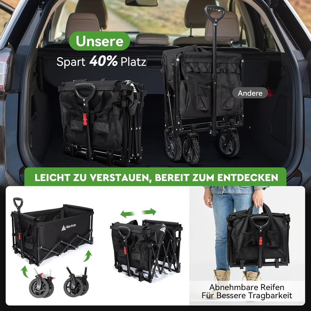 HIKENTURE Bollerwagen Faltbar mit Bremen - 140 Liter Volumen &amp; 150KG belastbar - Extrem Faltbarer Bo