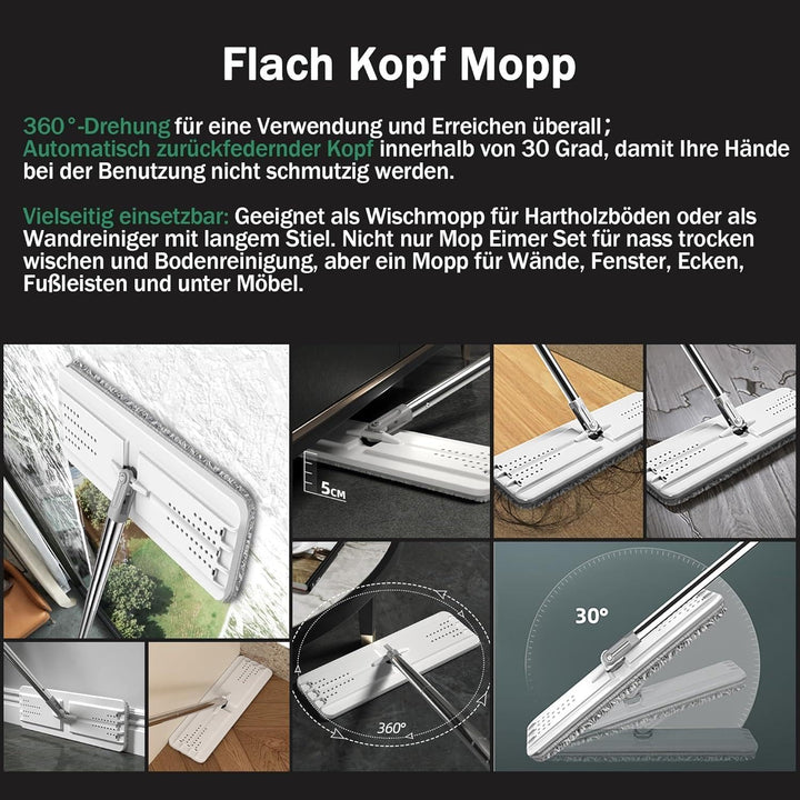 JOYMOOP Wischmopp und Eimer mit Auswringer-Set, flacher Bodenwischer und Eimer, Wischmopp für Bodenr