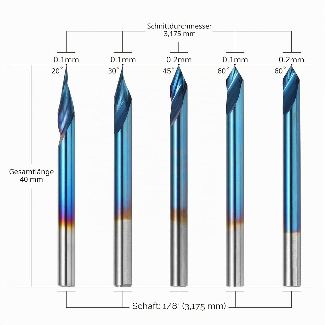 Genmitsu 5 Stück V-Nut-CNC-Fräser, Grad 20/30/45/60, 1/8 Zoll Schaft, Nano-blaue Beschichtung, Schaf