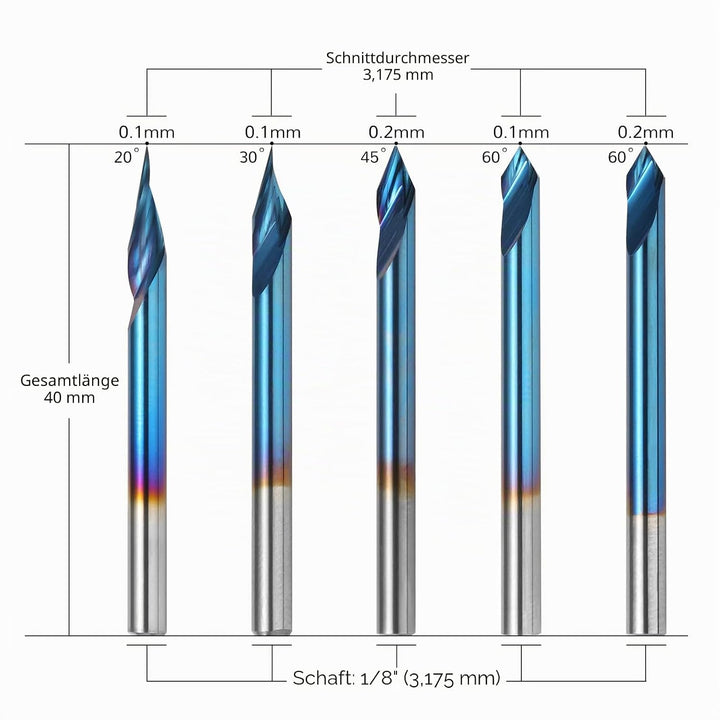 Genmitsu 5 Stück V-Nut-CNC-Fräser, Grad 20/30/45/60, 1/8 Zoll Schaft, Nano-blaue Beschichtung, Schaf
