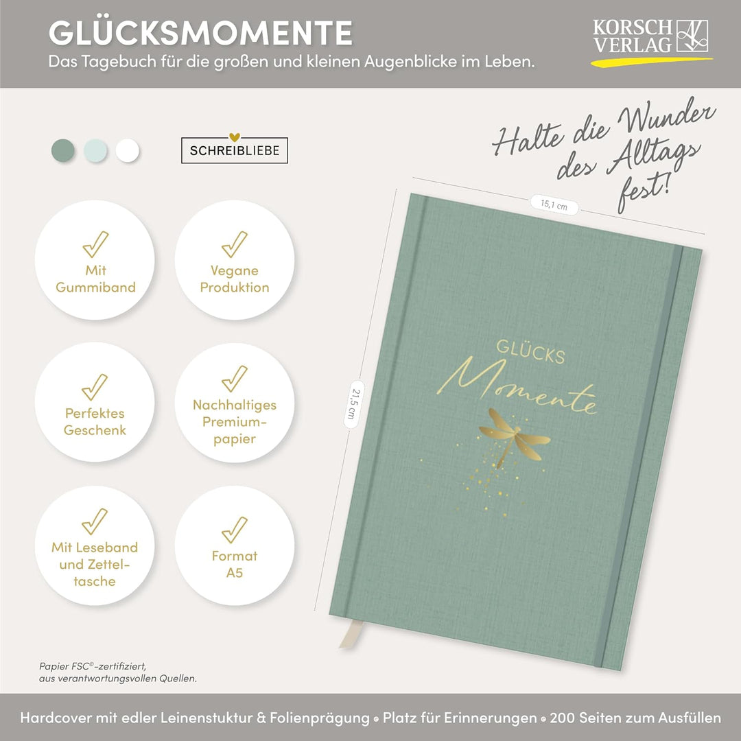 Glücksmomente Mint: Notizbuch, Ausfüllbuch mit Goldveredelung, Lesebändchen, Zetteltasche und Gummib