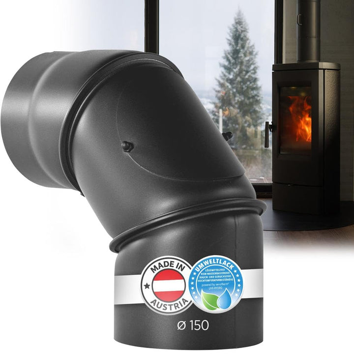 BERTRAMS Ofenrohr 150mm Ø Bogen mit Tür Gussgrau | Stahlrohr mit 0-90° Winkel | Feuerrohr aus Stahlb