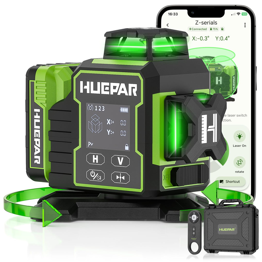 Huepar W03CG 3D-Laser-Nivelliergerät für Neubauten, 3x360° selbstnivellierend, 12 Linien, Bluetooth-