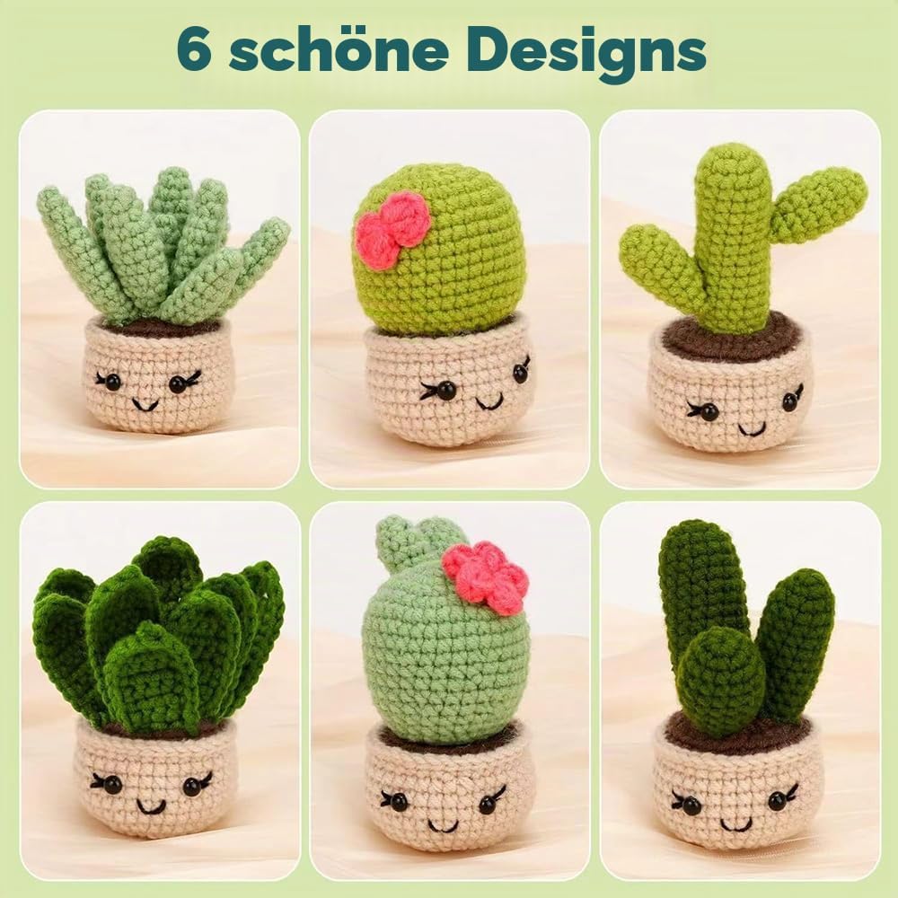 Mecmbj Häkelset für Anfänger, 6 Stück Niedliches Kaktus Häkelnadel Set, Blumentöpfe Crochet Set, HäK
